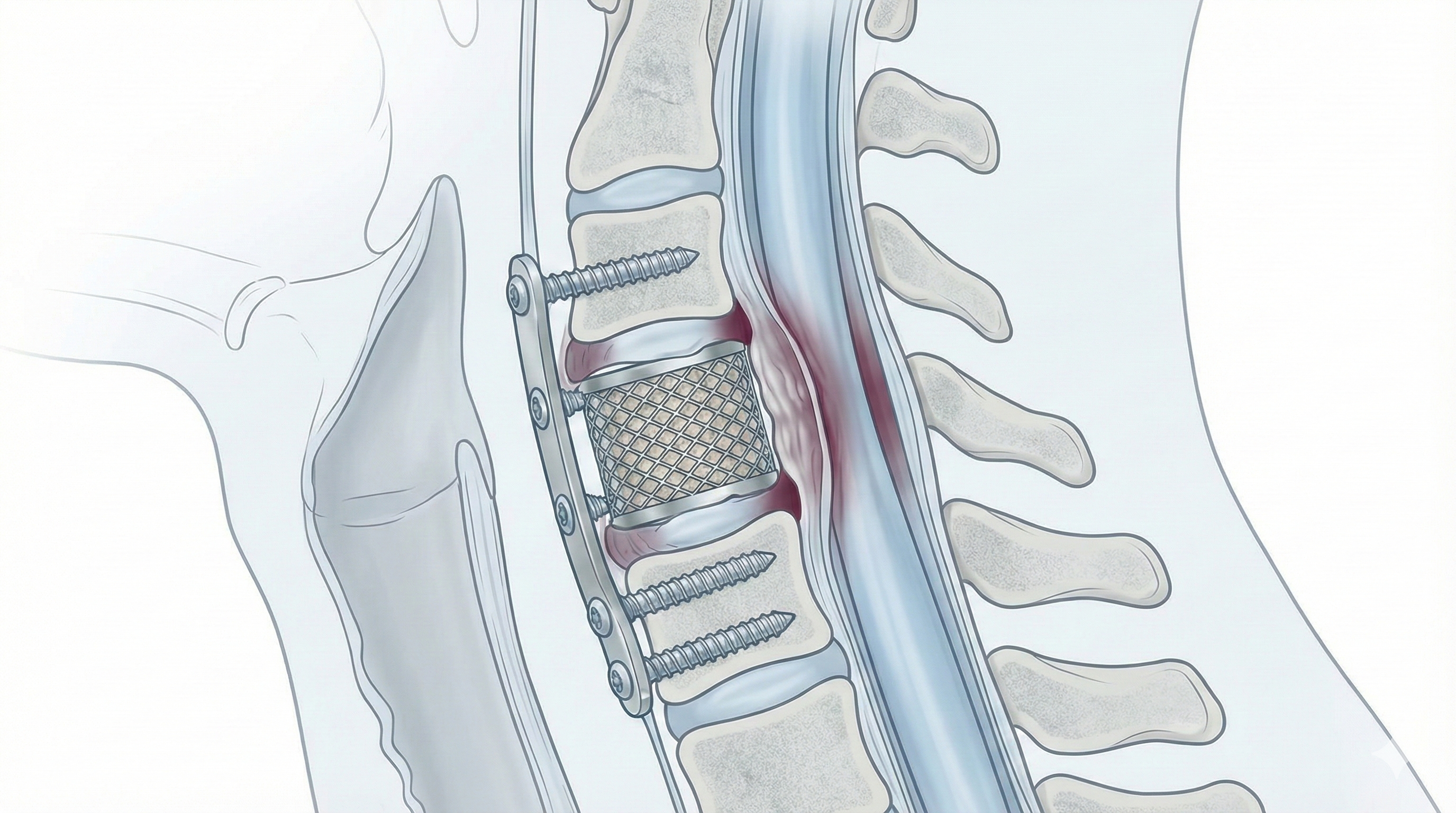 Ilustración lateral de columna cervical mostrando descompresión medular y colocación de caja e instrumental anterior para tratar mielopatía cervical.